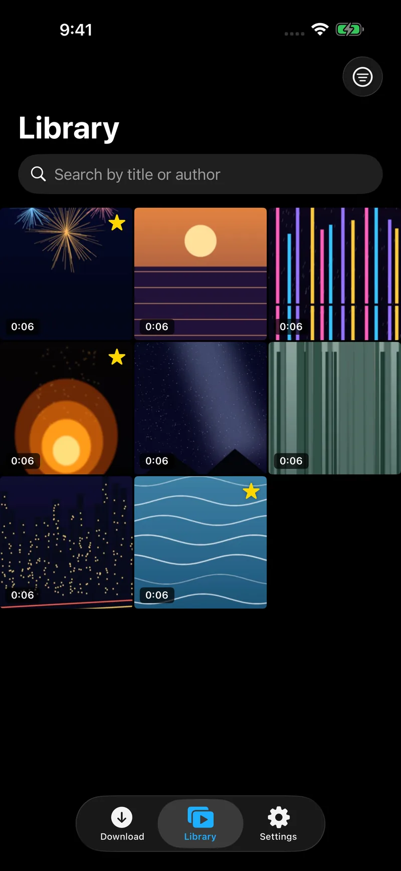 The library, with saved videos as a grid of thumbnails