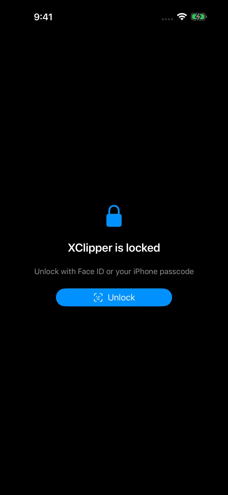 The lock screen: XClipper is locked and can be unlocked with Face ID