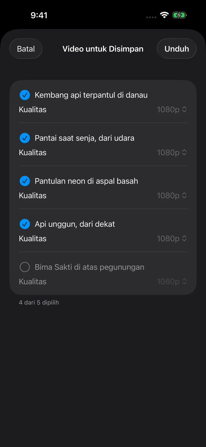 Layar simpan XClipper, berisi video dalam postingan dengan centang pada yang akan disimpan