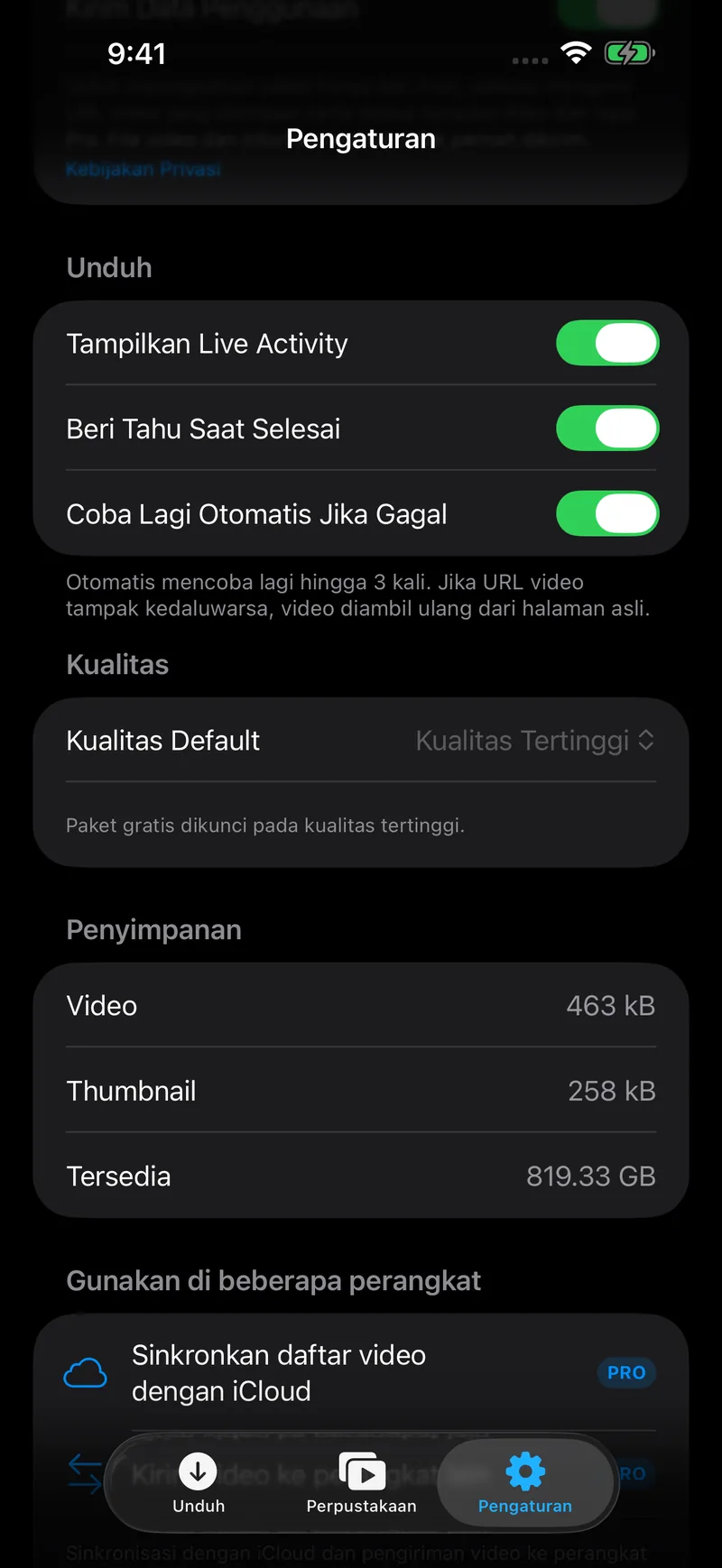 Layar pengaturan, berisi pengaturan unduhan, kualitas, dan penyimpanan